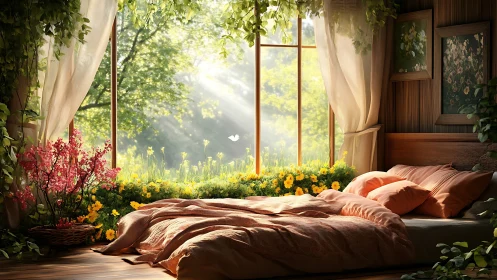 Sunlit bedroom opens onto lush flower garden sanctuary.