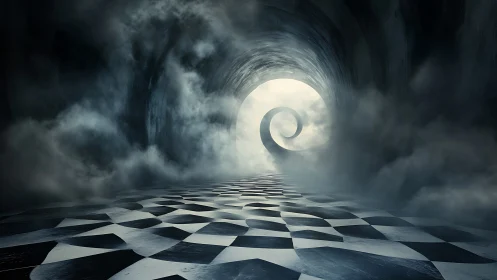 Surreal fog tunnel curls toward luminous spiral horizon