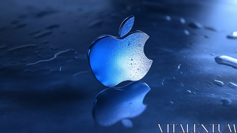 Blue glass apple logo reflects over glossy wet surface.