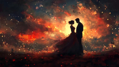 Silhouetted couple embracing within incandescent celestial maelstrom.