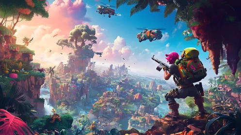 Colorful cartoon battle scene over lush floating islands.