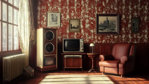Sunlit vintage living room with retro TV and cozy chair.