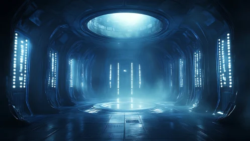 Futuristic sci fi corridor with central glowing platform.