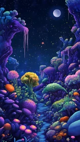 Luminous alien forest path under moonlit cosmic sky.