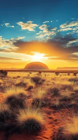Desert sunrise ignites monolith beyond golden spinifex.