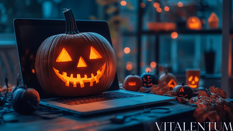 Carved jack o lantern on laptop amid indoor Halloween decor.