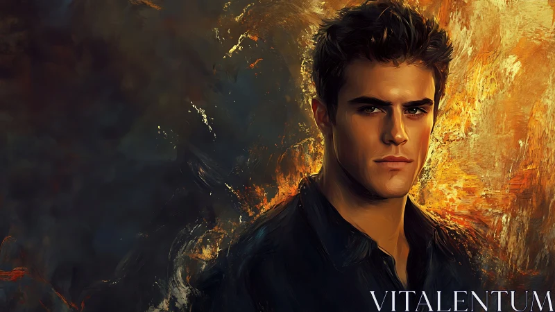 Brooding young man stands before a storm of golden fire