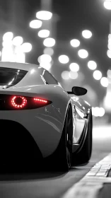 Rear view of sports car on urban night street in bokeh.