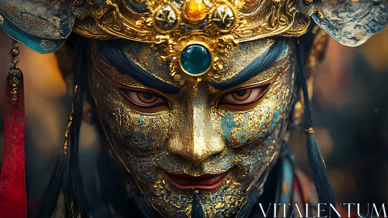 Gilded warrior mask with ornate crown and piercing gaze.