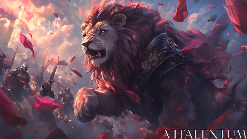 Lion-hearted charge through a storm of crimson petals.
