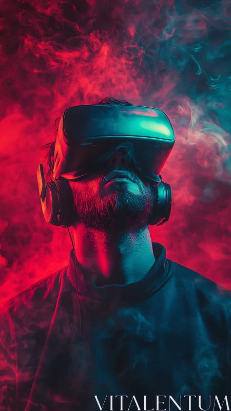 Man wearing VR headset and headphones in colored smoke