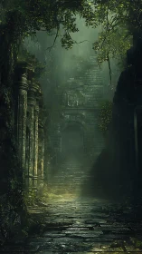 Overgrown stone corridor leads toward recessed temple entrance