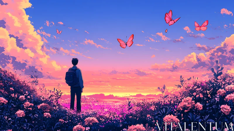 Backpack dreamer under neon sunset with drifting butterflies.