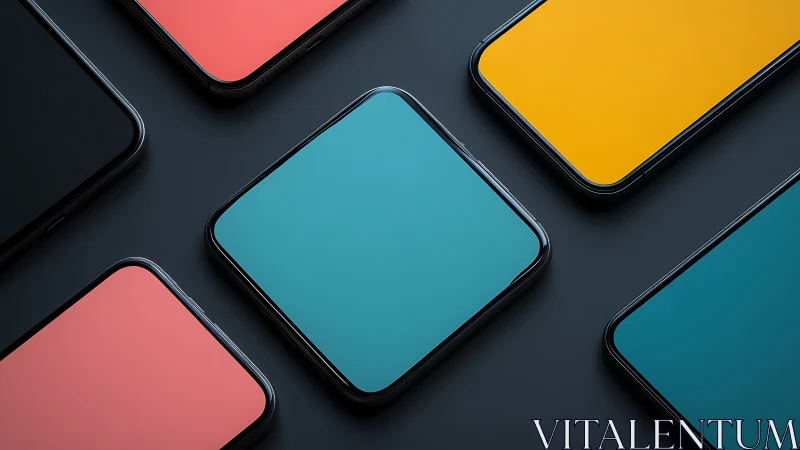 Colorful smartphones lie on dark surface in sleek symmetry