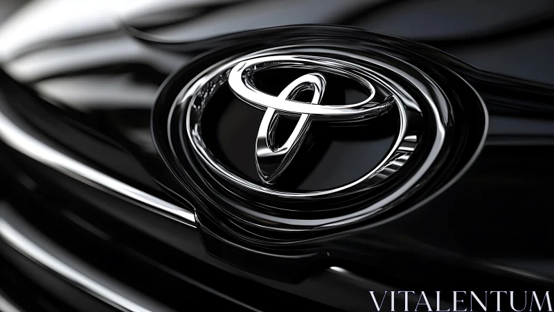 Chrome car emblem reflects light across glossy black surface