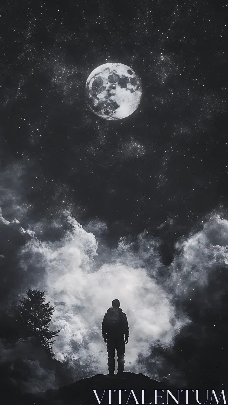 Lone silhouette under moonlit cosmic cloudscape night sky.