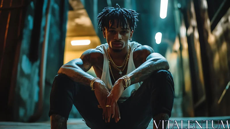 Confident young man rests in neon alleyway glow at night