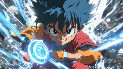 Energetic young warrior unleashing swirling blue energy blast.