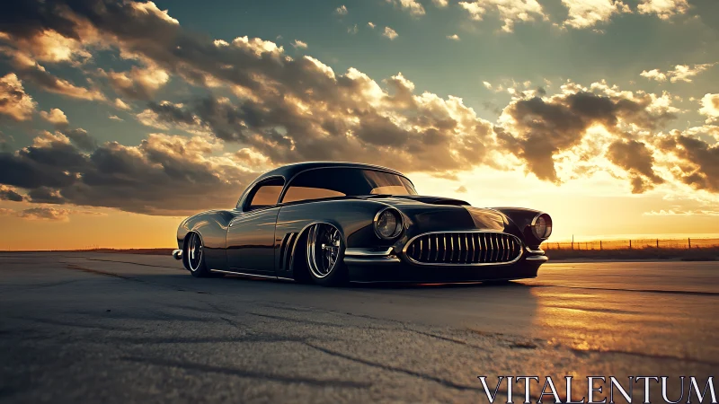 Low-slung classic coupe on open tarmac at sunset.