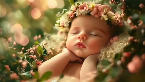 Serene infant sleeps nestled among blooming flowers and soft light.