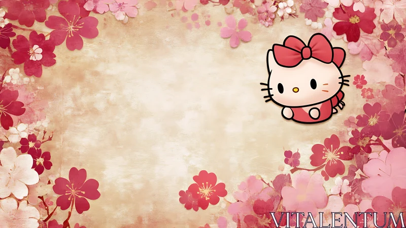 Cute cartoon kitten brightens vintage floral frame softly