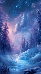 Frozen mountain valley under starry winter night sky.