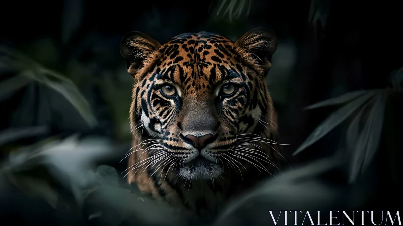 Low key portrait of stalking tiger in dense jungle foliage
