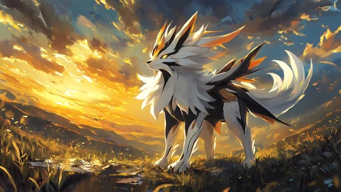 Celestial wolf creature standing under vivid sunset sky.
