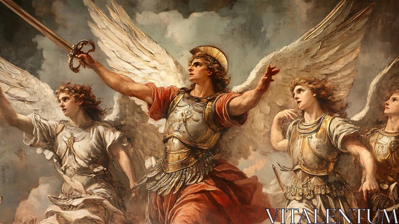 Heroic armored angels advance under storm-lit celestial skies