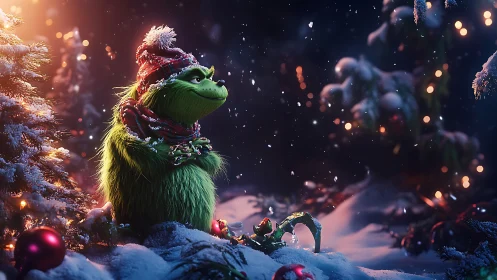 Green furry creature in stylized 3D snowy Christmas forest scene