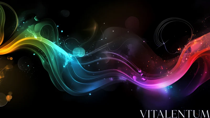 Vivid neon light waves flow across a deep black void