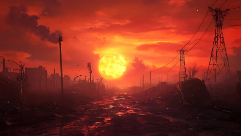 Sunset over ruined highway and collapsed power lines.