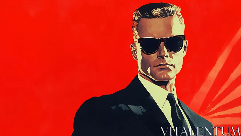 Cool suited agent stands bold against a blazing red sky