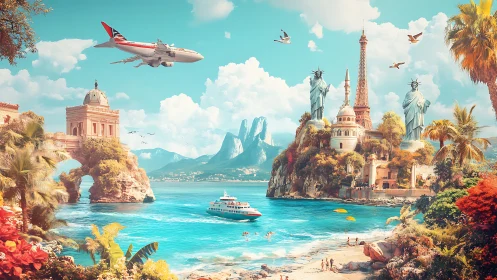 Surreal tropical bay with global landmarks and airplane