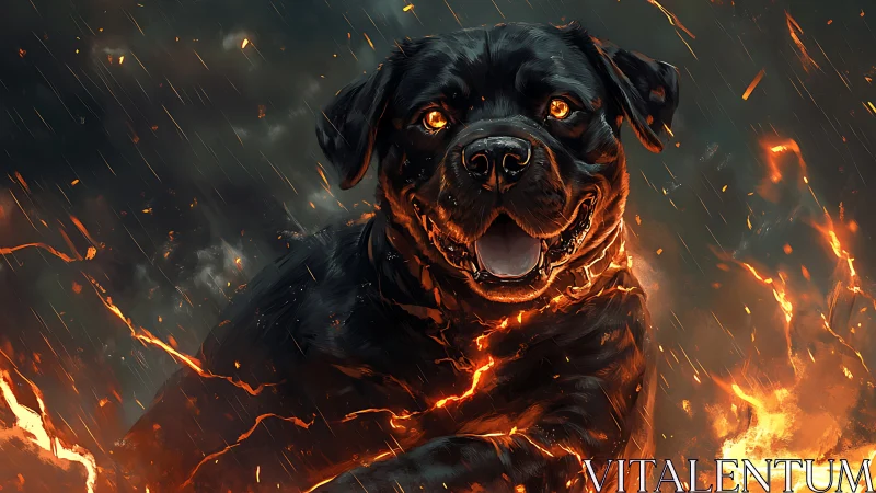 Inferno-hearted rottweiler sprints joyfully through molten sparks