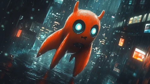 Neon red creature floats through rainy cyberpunk city night.
