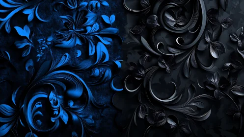 Bifurcated blue-black ornamental scrollwork surface study.