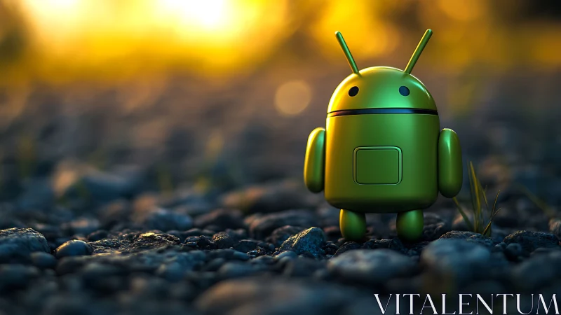 Green android mascot on sunlit stones with warm bokeh glow.