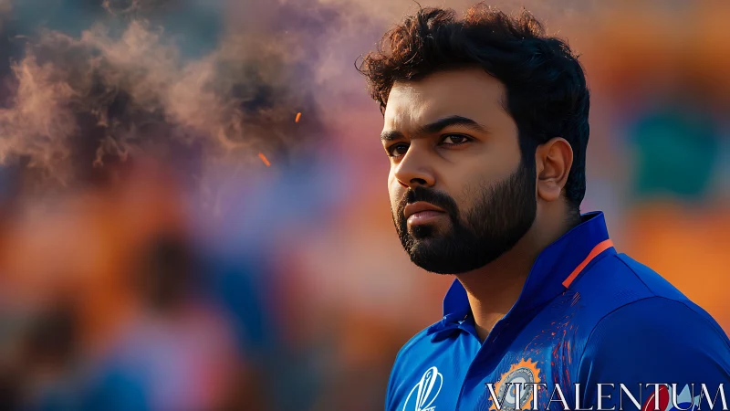 Cricket player portrait in blue jersey on blurred field.