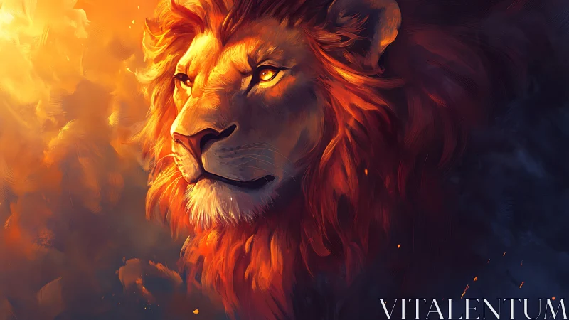 Majestic lion glows in fiery sunset-lit digital portrait