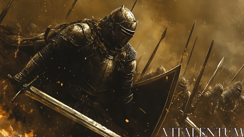 Armored knight leads a spear wall through burning battle haze