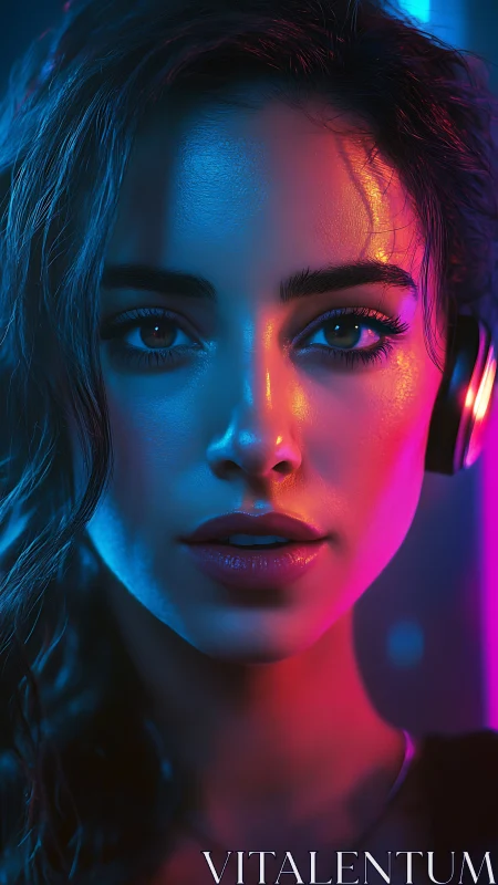 Neon-lit woman in headphones gazes forward with quiet intensity