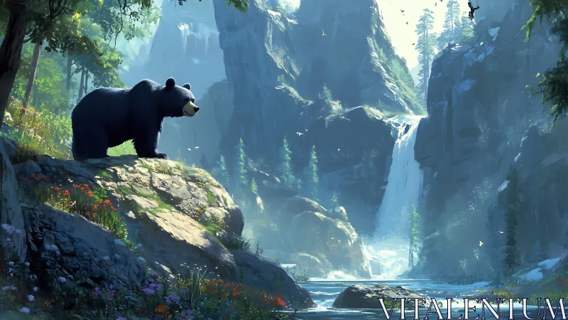 Majestic Bear Overlooking Waterfall in Lush Mountain Landscape.
