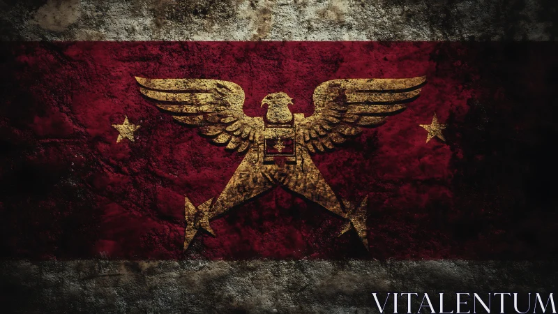 Grungy red banner with golden double eagle emblem centered.