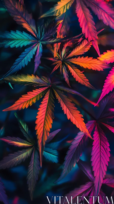 Colorful cannabis leaves in vivid neon gradient lighting.