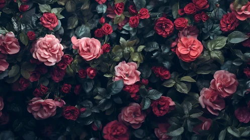 Lush Rose Garden Blooms Against Deep Shadow.