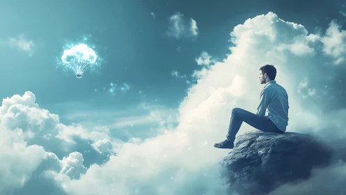 Cloud-bulb drifts toward a daydreamer perched in bright sky