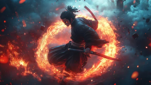 Flaming ring encircled samurai in dynamic mid-air kata pose