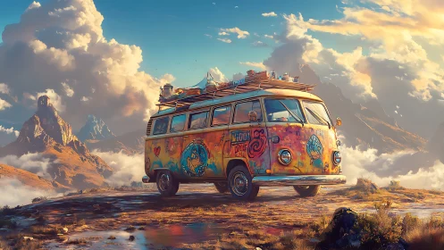 Vibrant camper van pauses above glowing cloud-wrapped peaks