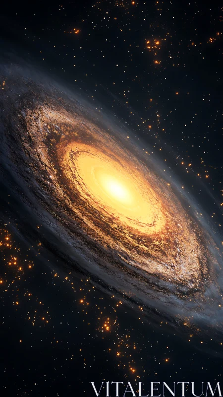 Oblique spiral galaxy core in high-luminance stellar field.